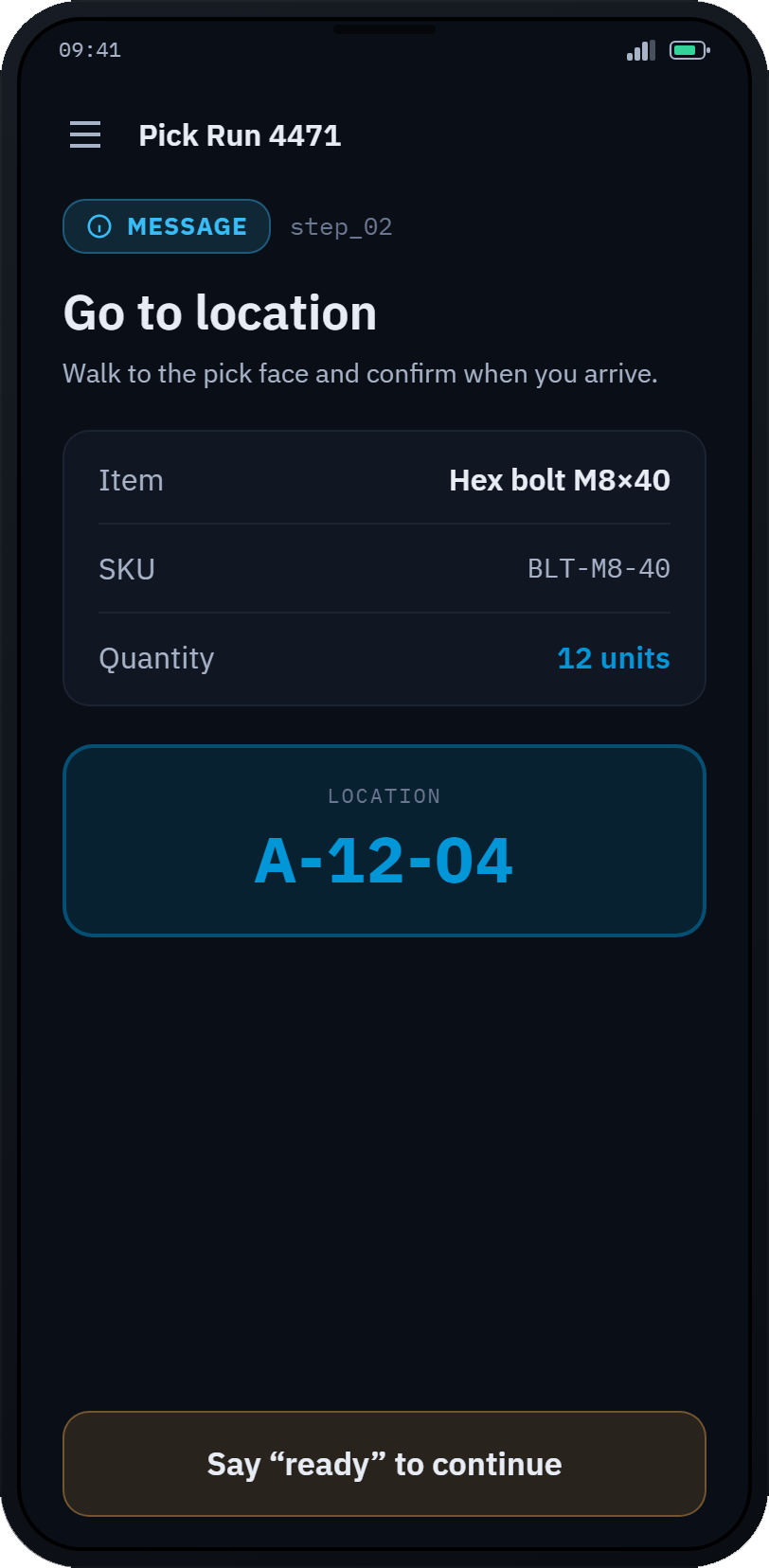 The worker app showing a guided pick: item, quantity and location A-12-04